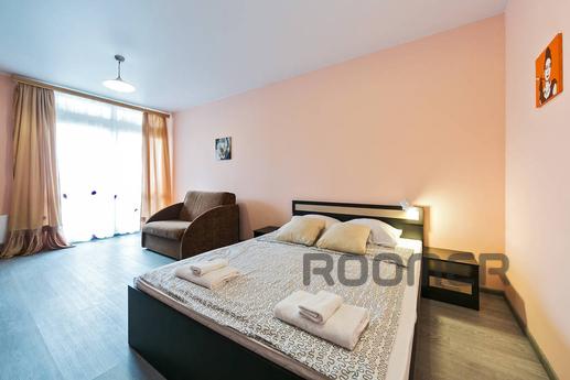 Bright and spacious apartment with a large bed, a sofa bed a